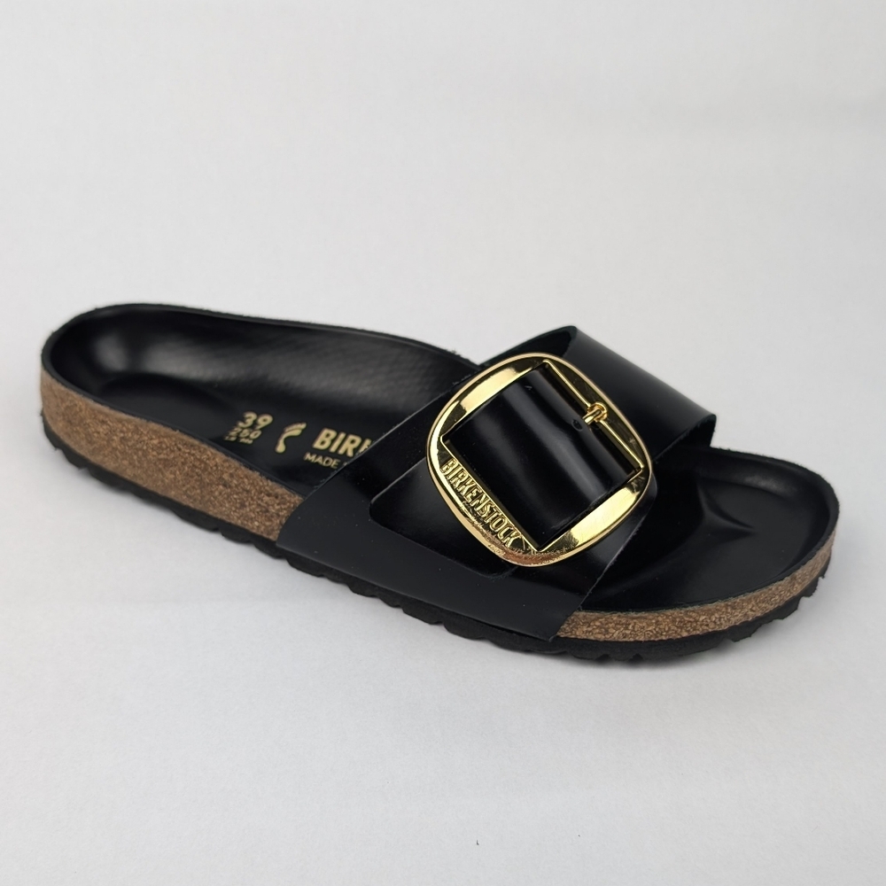 BIRKENSTOCK - Madrid Big Buckle High Shine Black Slide Sandal Size 39